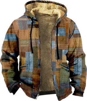Jackets for Men Vintage Print Zipper Hoodies Sherpa Fleece Lined Long Sleeve Coats Casual Loose Jackets