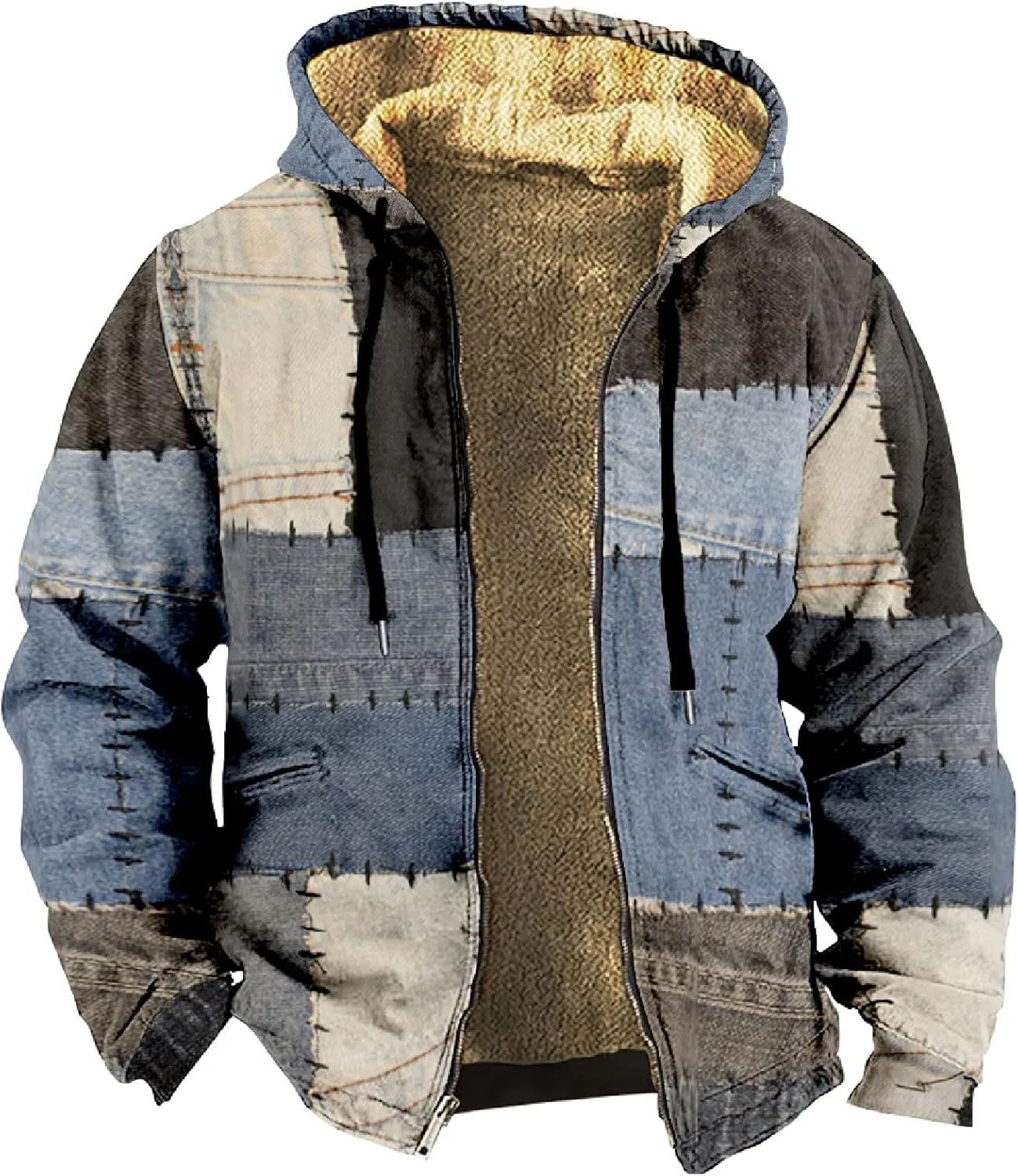 Jackets for Men Vintage Print Zipper Hoodies Sherpa Fleece Lined Long Sleeve Coats Casual Loose Jackets