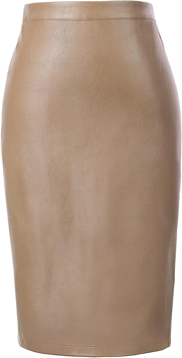 Kate Kasin Women's Faux Leather Pencil Skirt Stretchy Business Pencil Skirt Knee Length Midi Skirt