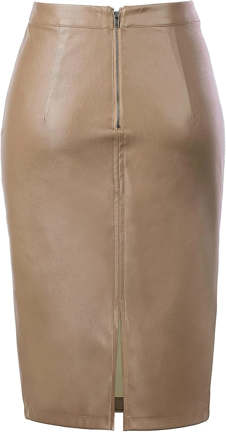 Kate Kasin Women's Faux Leather Pencil Skirt Stretchy Business Pencil Skirt Knee Length Midi Skirt