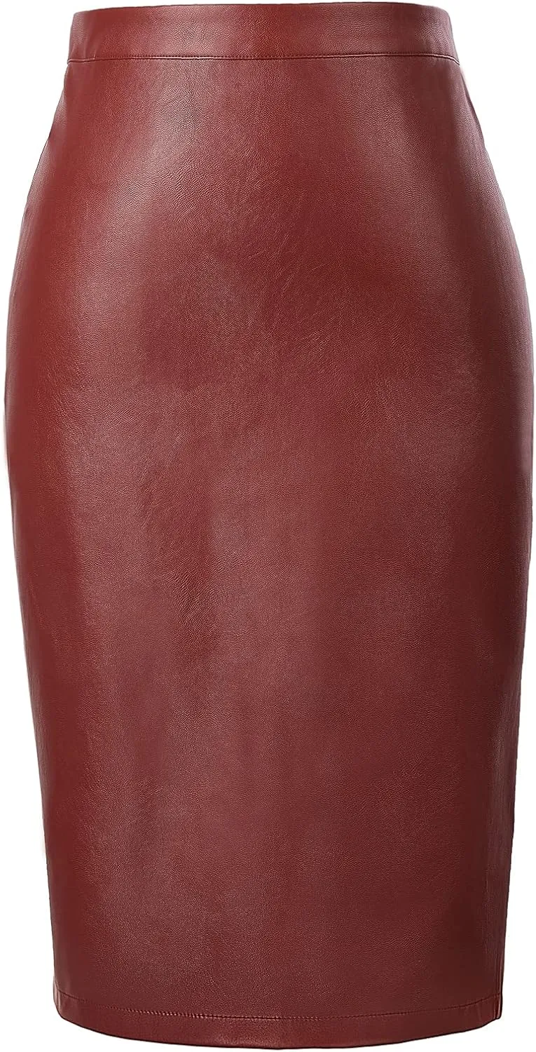 Kate Kasin Women's Faux Leather Pencil Skirt Stretchy Business Pencil Skirt Knee Length Midi Skirt