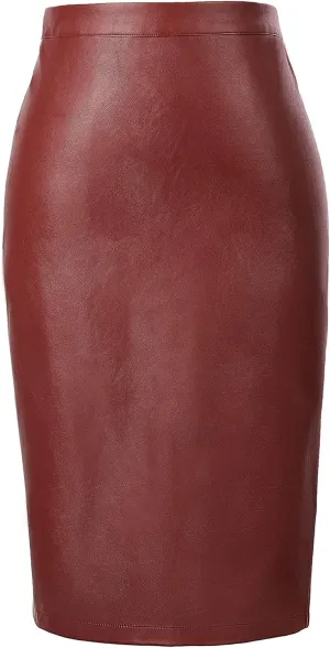 Kate Kasin Women's Faux Leather Pencil Skirt Stretchy Business Pencil Skirt Knee Length Midi Skirt