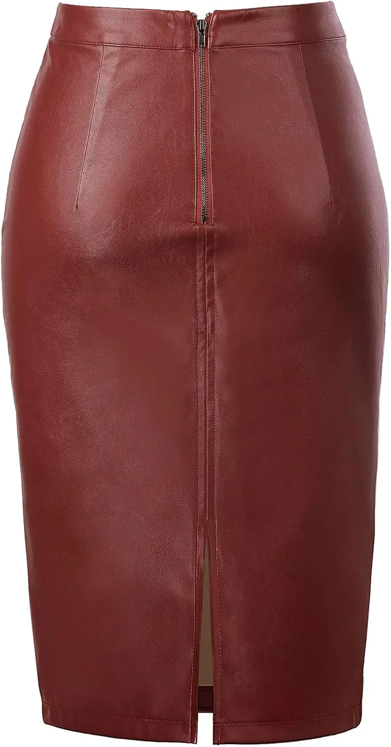 Kate Kasin Women's Faux Leather Pencil Skirt Stretchy Business Pencil Skirt Knee Length Midi Skirt