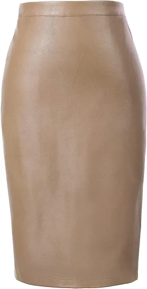 Kate Kasin Women's Faux Leather Pencil Skirt Stretchy Business Pencil Skirt Knee Length Midi Skirt