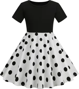 Kids Girls 50s Audrey Vintage Polka Dot Swing Party Rockabilly Dress Retro Peter Pan Doll Collar Wedding Casual Skater Dress