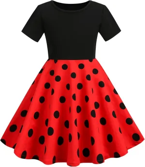 Kids Girls 50s Audrey Vintage Polka Dot Swing Party Rockabilly Dress Retro Peter Pan Doll Collar Wedding Casual Skater Dress