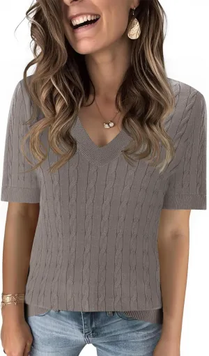 Kistore Womens Summer Short Sleeve Sweaters Tops V Neck Cable Knit Lightweight Sweater Shirts Blouses 2025