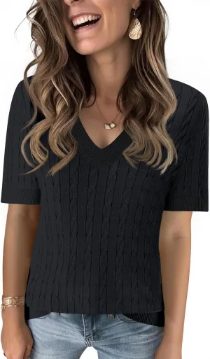 Kistore Womens Summer Short Sleeve Sweaters Tops V Neck Cable Knit Lightweight Sweater Shirts Blouses 2025