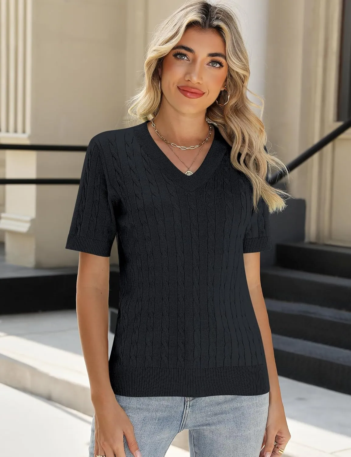 Kistore Womens Summer Short Sleeve Sweaters Tops V Neck Cable Knit Lightweight Sweater Shirts Blouses 2025