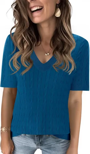 Kistore Womens Summer Short Sleeve Sweaters Tops V Neck Cable Knit Lightweight Sweater Shirts Blouses 2025