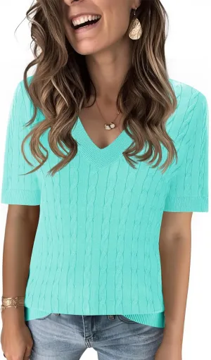 Kistore Womens Summer Short Sleeve Sweaters Tops V Neck Cable Knit Lightweight Sweater Shirts Blouses 2025