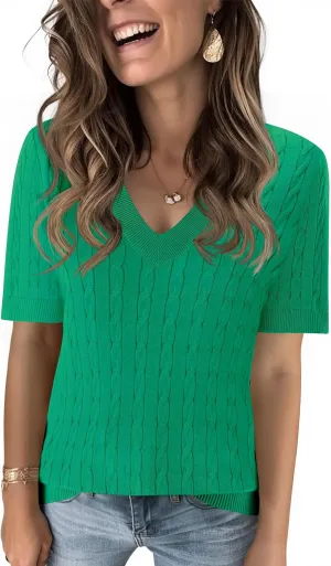 Kistore Womens Summer Short Sleeve Sweaters Tops V Neck Cable Knit Lightweight Sweater Shirts Blouses 2025