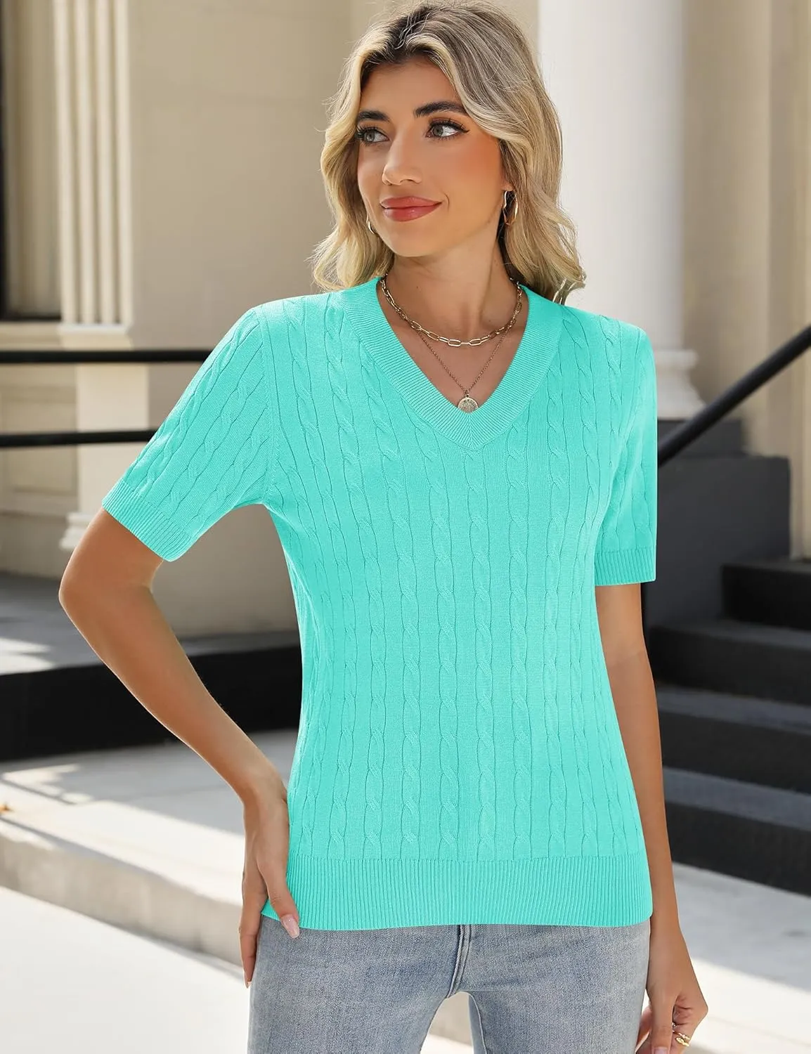 Kistore Womens Summer Short Sleeve Sweaters Tops V Neck Cable Knit Lightweight Sweater Shirts Blouses 2025