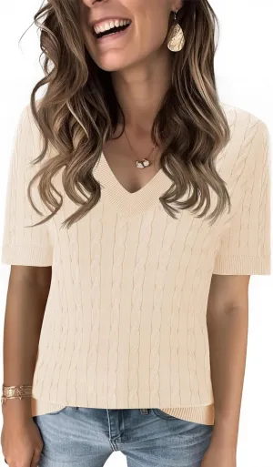 Kistore Womens Summer Short Sleeve Sweaters Tops V Neck Cable Knit Lightweight Sweater Shirts Blouses 2025
