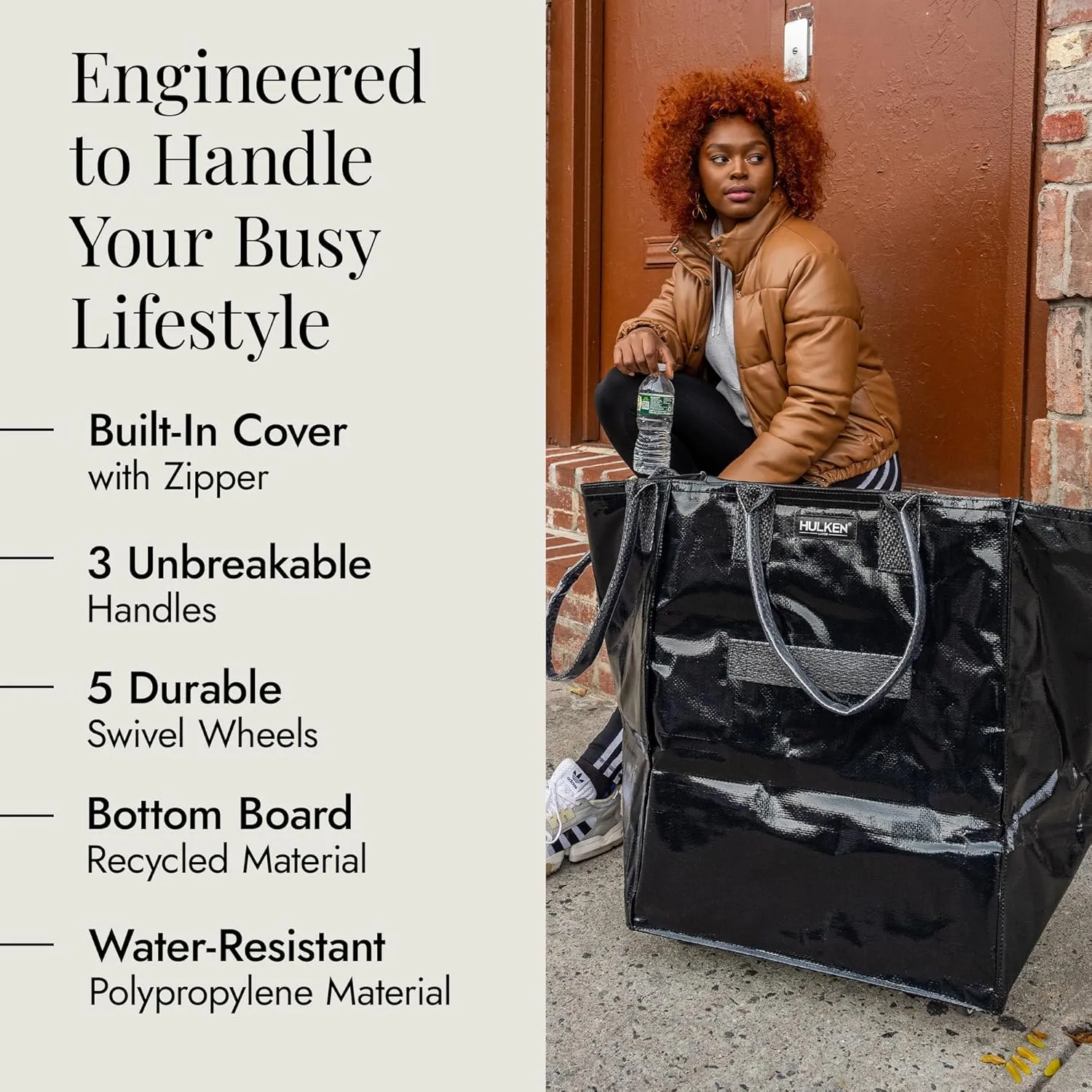 Large, Black - Reusable Grocery Bag On Wheels, Shopping Trolley, Rolling Tote, Zipper Closure, Lightweight, Carries Up to 66 lb & Fits 5 Grocery Bags, Folds Flat, Unbreakable Handles