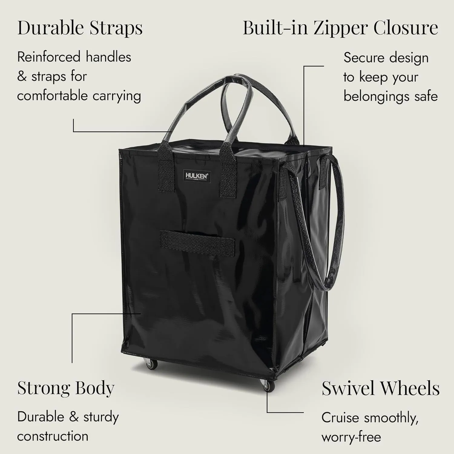 Large, Black - Reusable Grocery Bag On Wheels, Shopping Trolley, Rolling Tote, Zipper Closure, Lightweight, Carries Up to 66 lb & Fits 5 Grocery Bags, Folds Flat, Unbreakable Handles