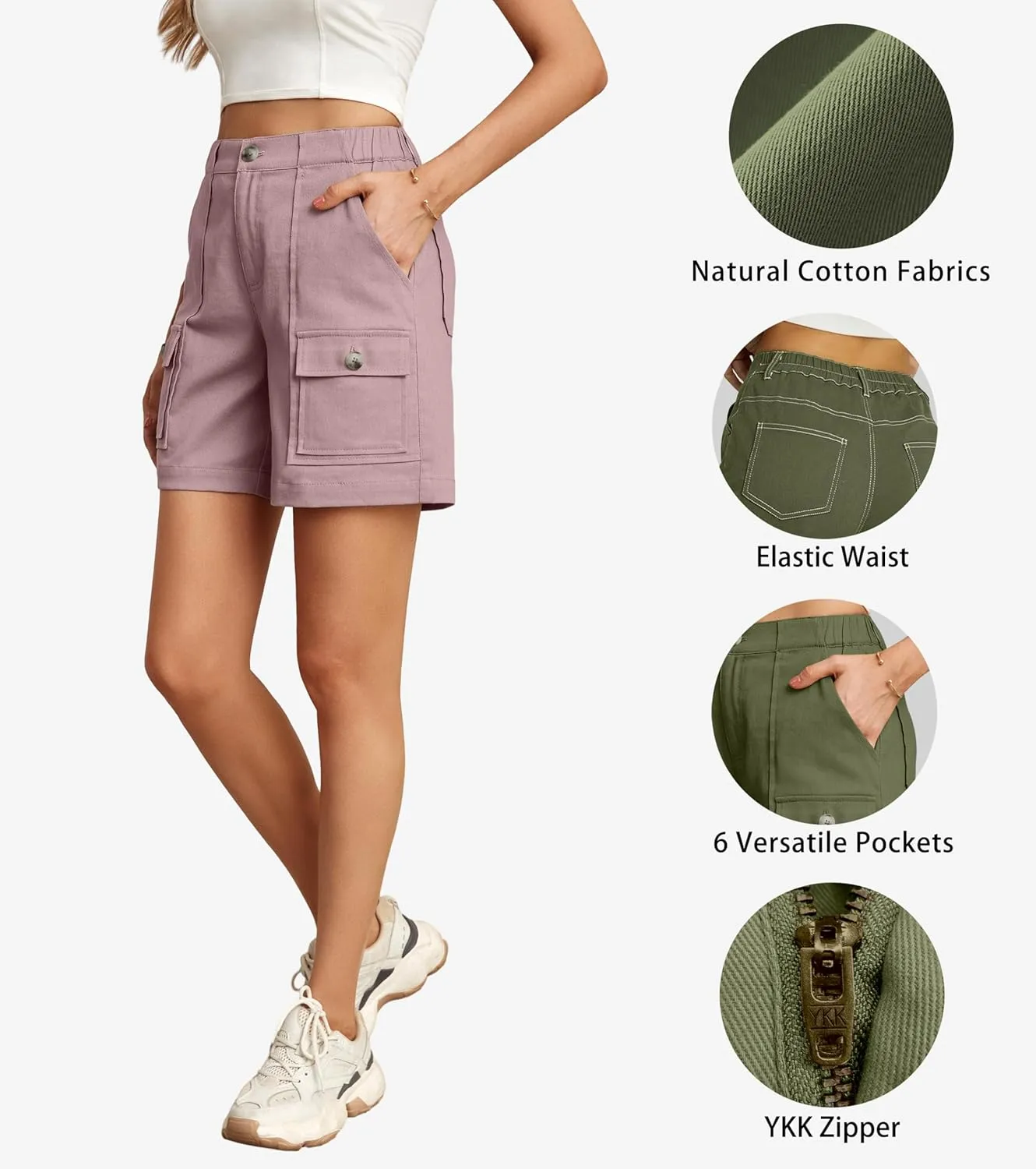 Lepunuo Cargo Shorts for Women Baggy Casual Elastic Waist Shorts Relaxed Fit Stretch Cargo Shorts with 6 Pockets