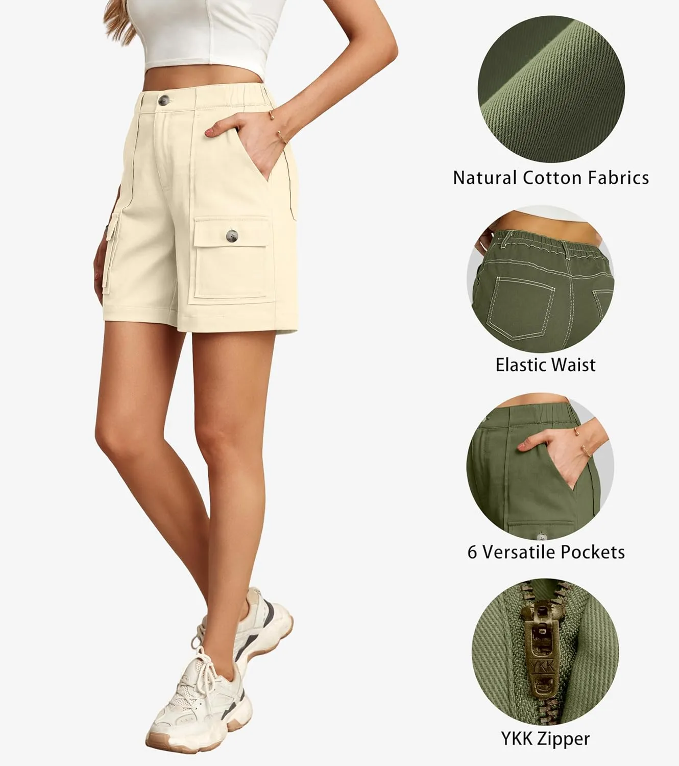 Lepunuo Cargo Shorts for Women Baggy Casual Elastic Waist Shorts Relaxed Fit Stretch Cargo Shorts with 6 Pockets