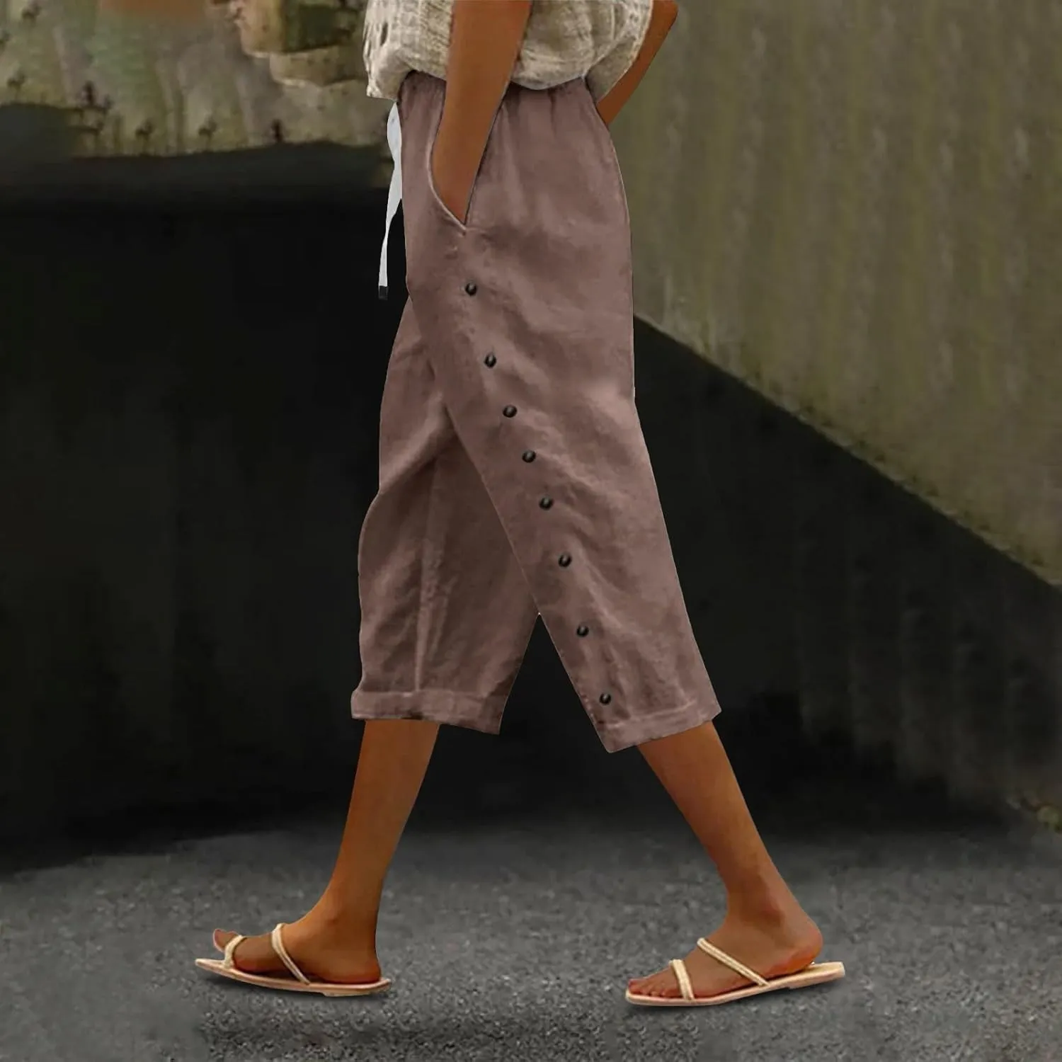 Linen Pants Women 2025 Striped Capri Pant Lightweight Spring Summer Fashion Clothes Ladies Pinstripe Cropped Trousers