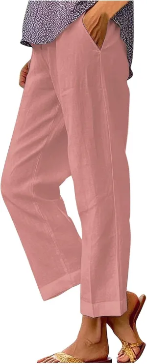 Linen Pants Women Plus Size Cotton Casual Loose Fit Athletic Pants Baggy Elastic Waist Straight Leg Comfy Trousers