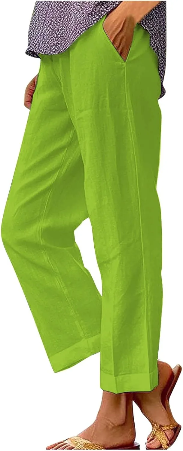 Linen Pants Women Plus Size Cotton Casual Loose Fit Athletic Pants Baggy Elastic Waist Straight Leg Comfy Trousers