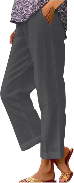 Linen Pants Women Plus Size Cotton Casual Loose Fit Athletic Pants Baggy Elastic Waist Straight Leg Comfy Trousers