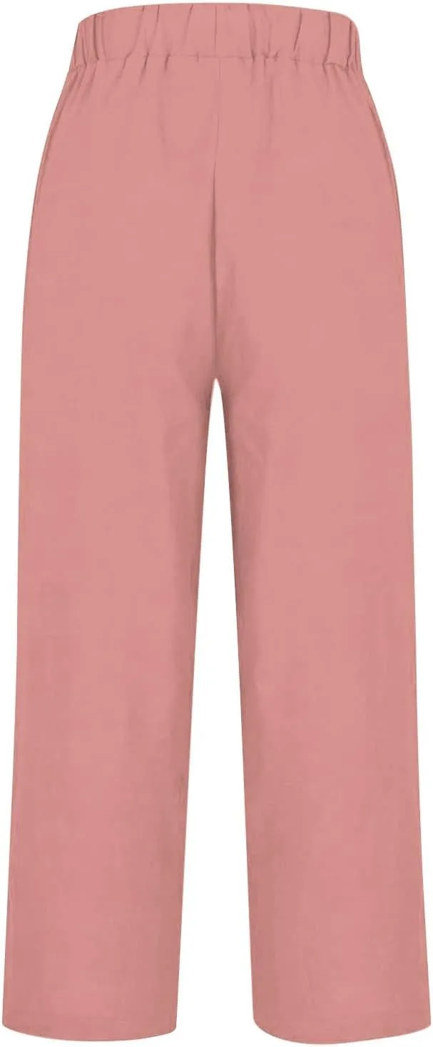 Linen Pants Women Plus Size Cotton Casual Loose Fit Athletic Pants Baggy Elastic Waist Straight Leg Comfy Trousers