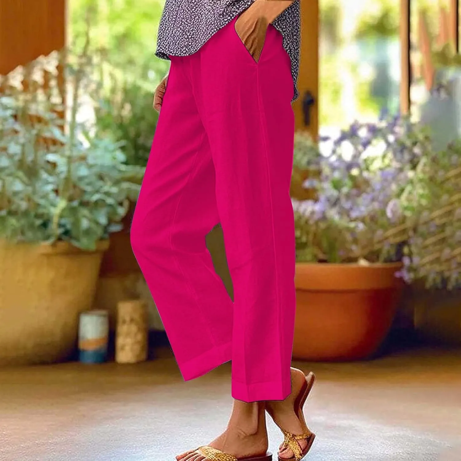 Linen Pants Women Plus Size Cotton Casual Loose Fit Athletic Pants Baggy Elastic Waist Straight Leg Comfy Trousers