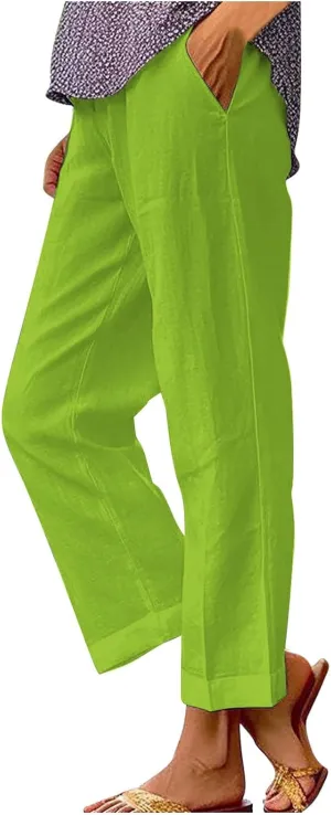 Linen Pants Women Plus Size Cotton Casual Loose Fit Athletic Pants Baggy Elastic Waist Straight Leg Comfy Trousers