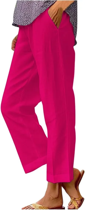 Linen Pants Women Plus Size Cotton Casual Loose Fit Athletic Pants Baggy Elastic Waist Straight Leg Comfy Trousers