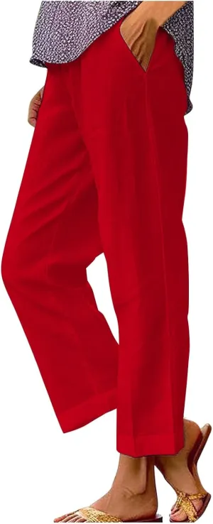 Linen Pants Women Plus Size Cotton Casual Loose Fit Athletic Pants Baggy Elastic Waist Straight Leg Comfy Trousers