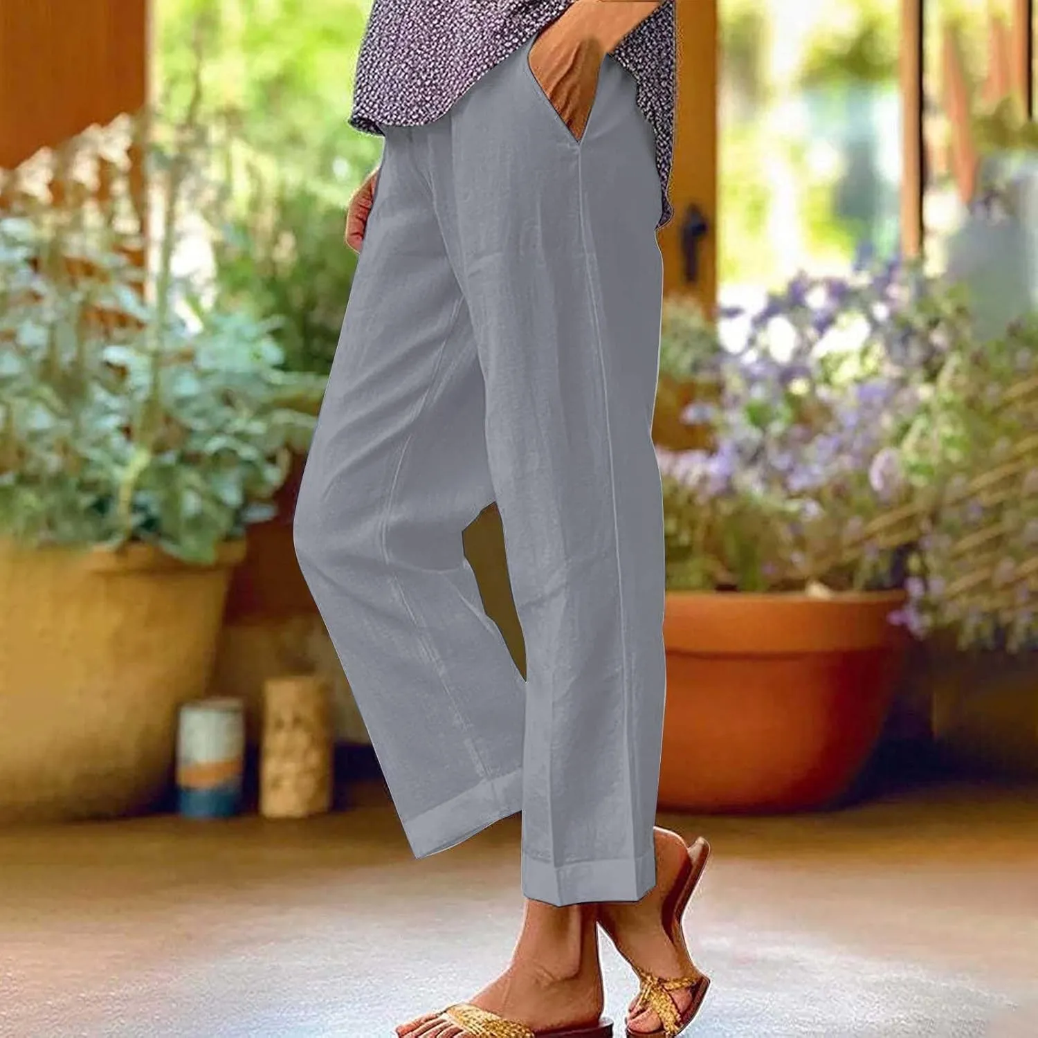Linen Pants Women Plus Size Cotton Casual Loose Fit Athletic Pants Baggy Elastic Waist Straight Leg Comfy Trousers
