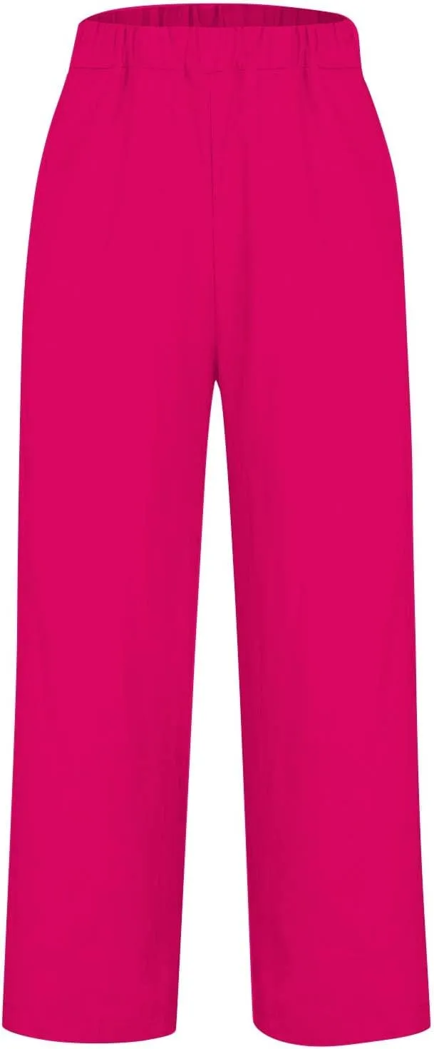 Linen Pants Women Plus Size Cotton Casual Loose Fit Athletic Pants Baggy Elastic Waist Straight Leg Comfy Trousers