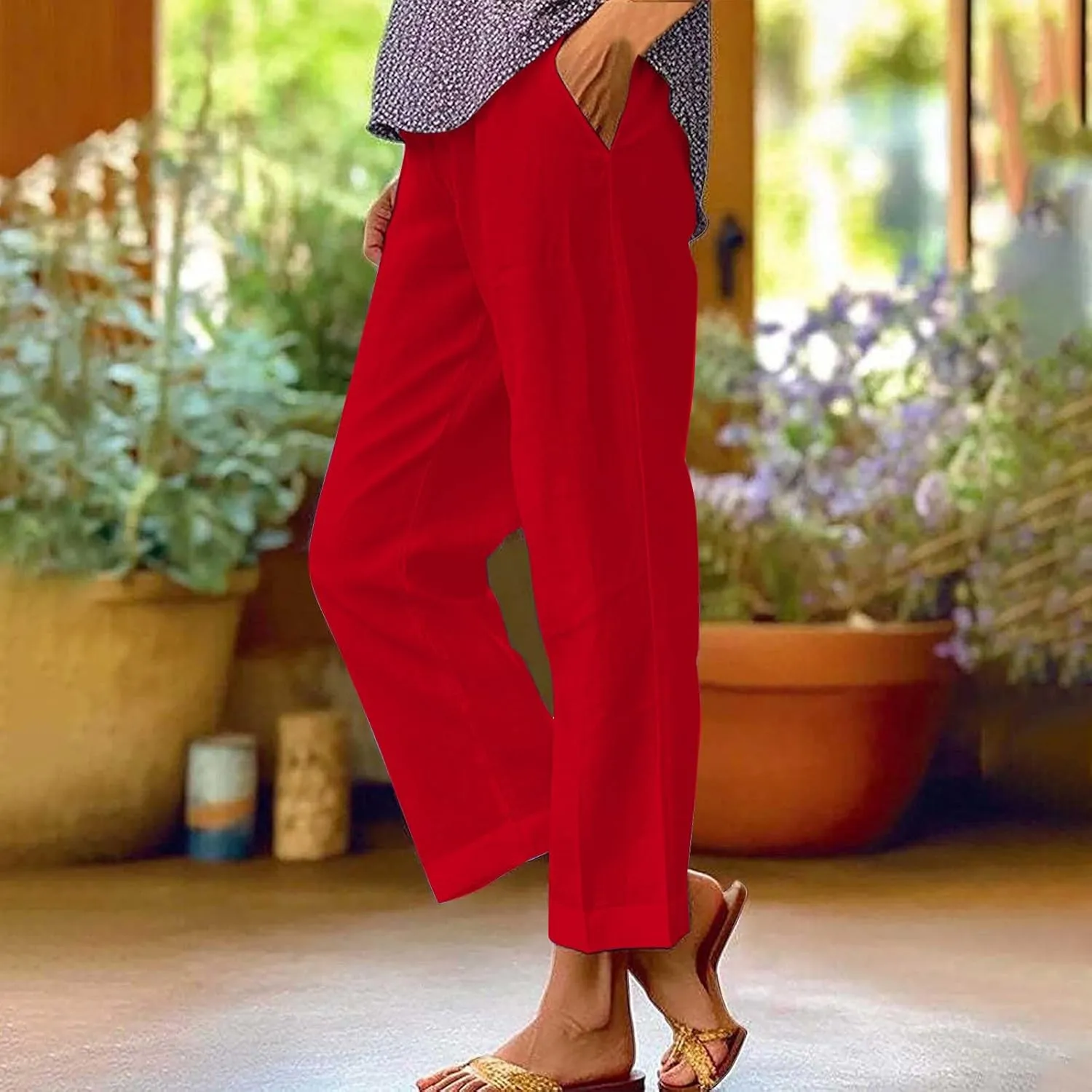 Linen Pants Women Plus Size Cotton Casual Loose Fit Athletic Pants Baggy Elastic Waist Straight Leg Comfy Trousers