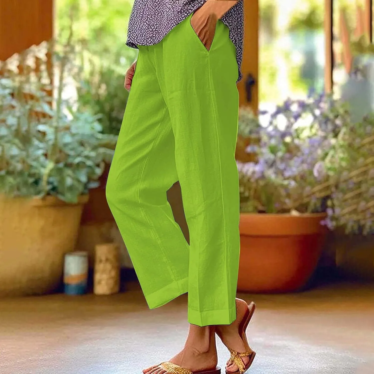 Linen Pants Women Plus Size Cotton Casual Loose Fit Athletic Pants Baggy Elastic Waist Straight Leg Comfy Trousers
