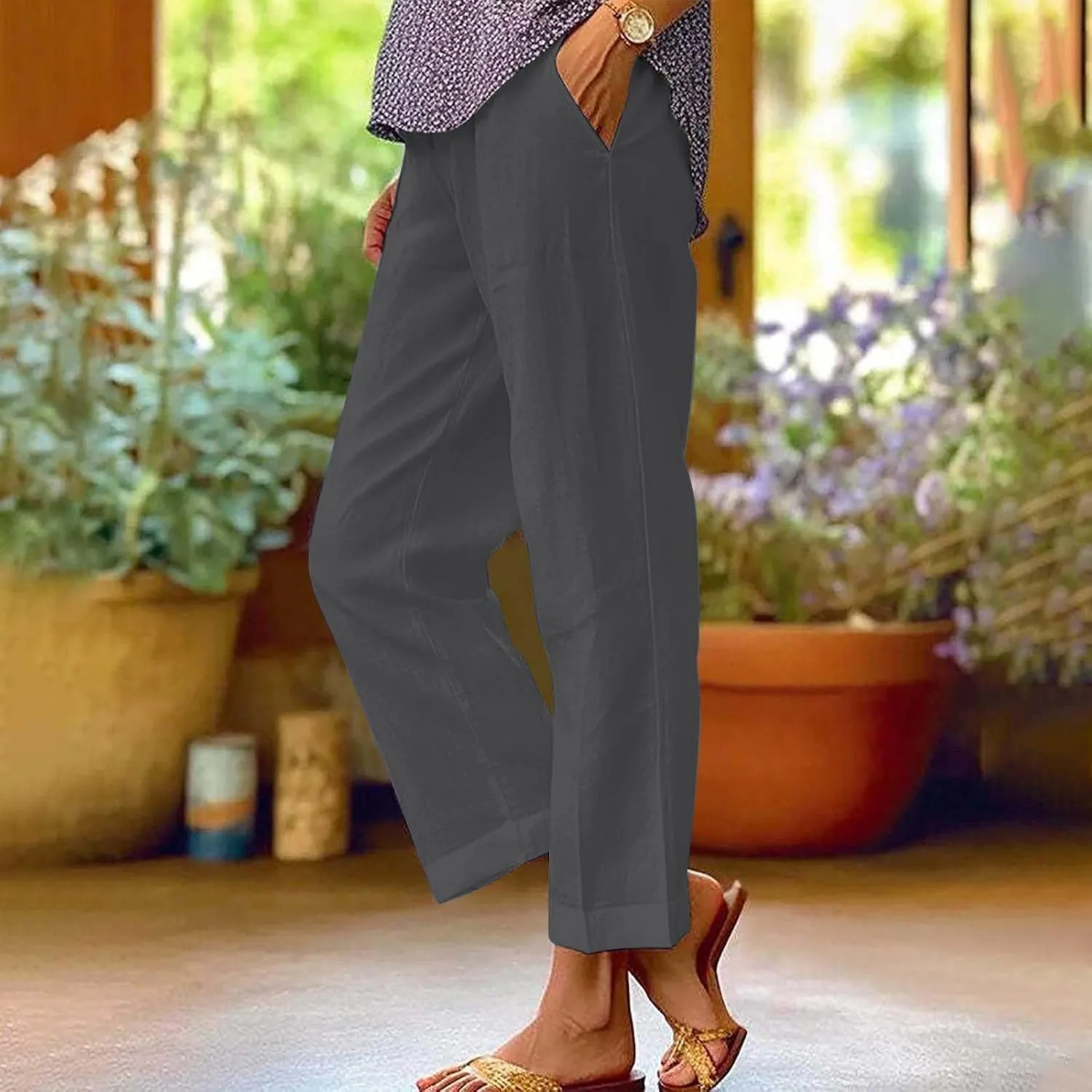 Linen Pants Women Plus Size Cotton Casual Loose Fit Athletic Pants Baggy Elastic Waist Straight Leg Comfy Trousers