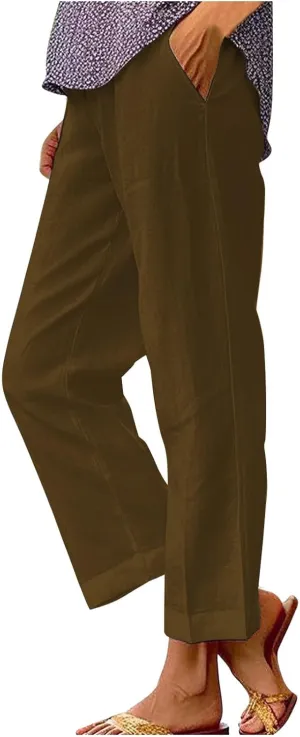 Linen Pants Women Plus Size Cotton Casual Loose Fit Athletic Pants Baggy Elastic Waist Straight Leg Comfy Trousers