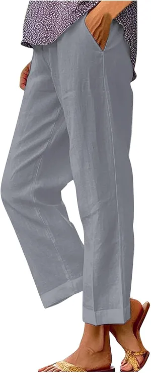 Linen Pants Women Plus Size Cotton Casual Loose Fit Athletic Pants Baggy Elastic Waist Straight Leg Comfy Trousers