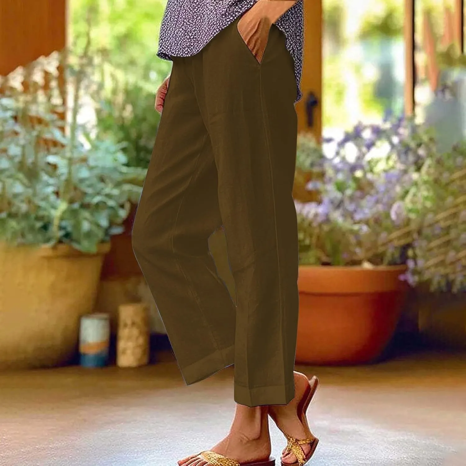 Linen Pants Women Plus Size Cotton Casual Loose Fit Athletic Pants Baggy Elastic Waist Straight Leg Comfy Trousers