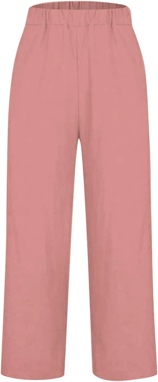 Linen Pants Women Plus Size Cotton Casual Loose Fit Athletic Pants Baggy Elastic Waist Straight Leg Comfy Trousers