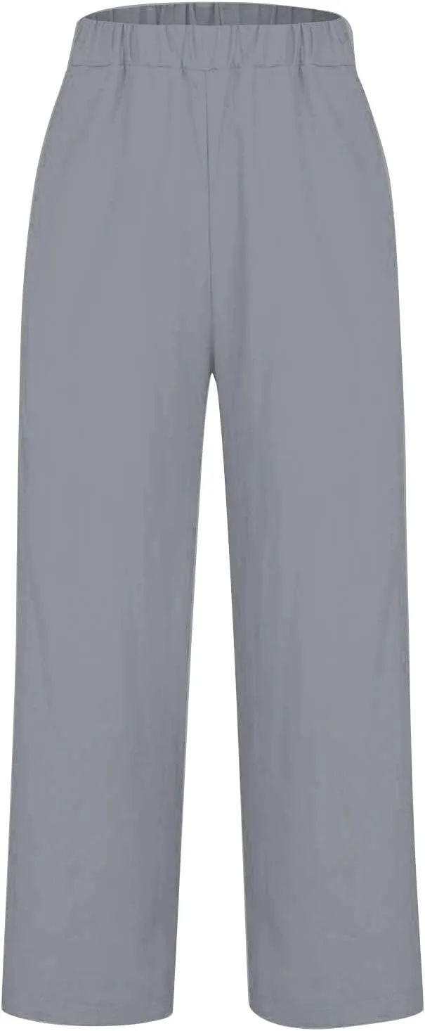 Linen Pants Women Plus Size Cotton Casual Loose Fit Athletic Pants Baggy Elastic Waist Straight Leg Comfy Trousers