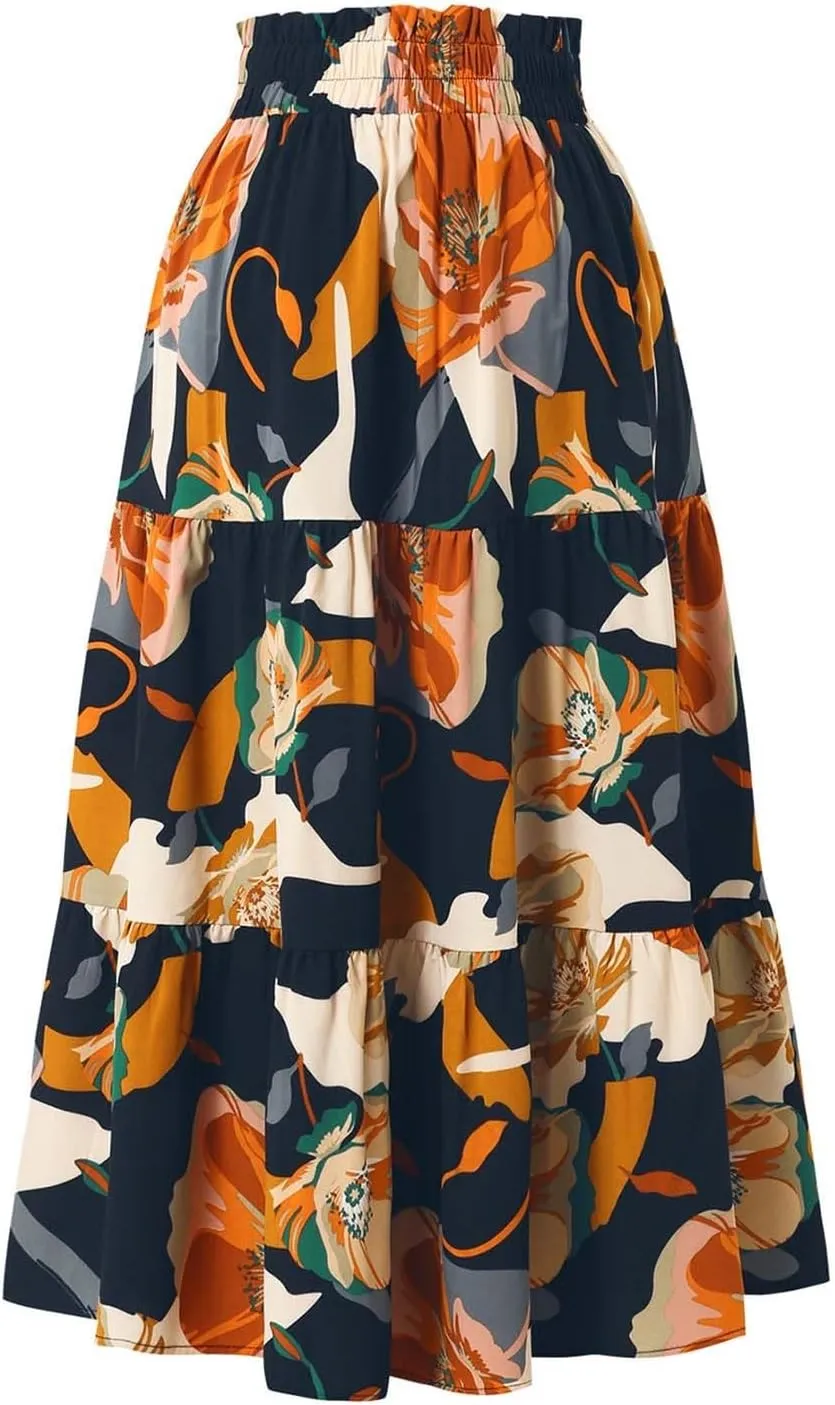 Long Skirt for Women Summer Trendy Bohemian Floral Print High Elastic Waist A-Line Loose Casual Boha Skirts for Vacation