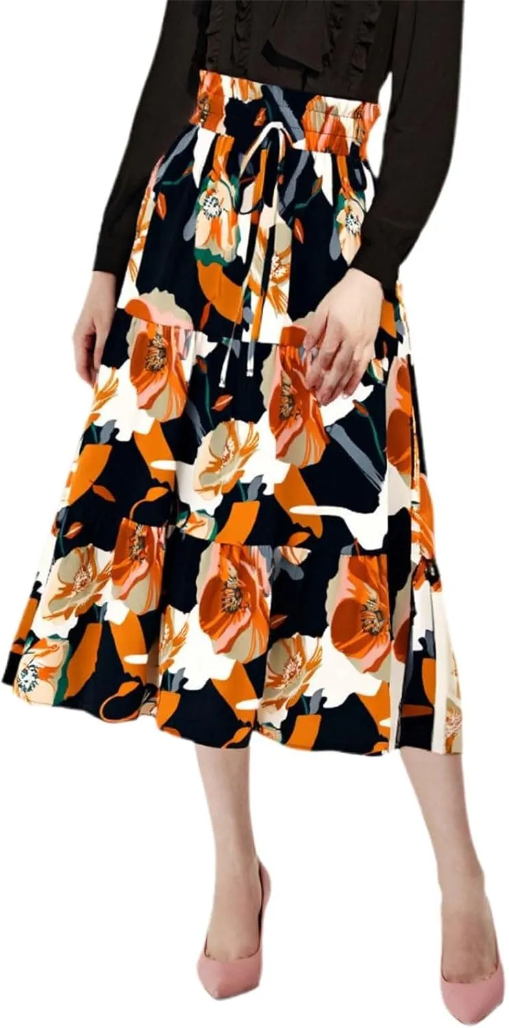 Long Skirt for Women Summer Trendy Bohemian Floral Print High Elastic Waist A-Line Loose Casual Boha Skirts for Vacation