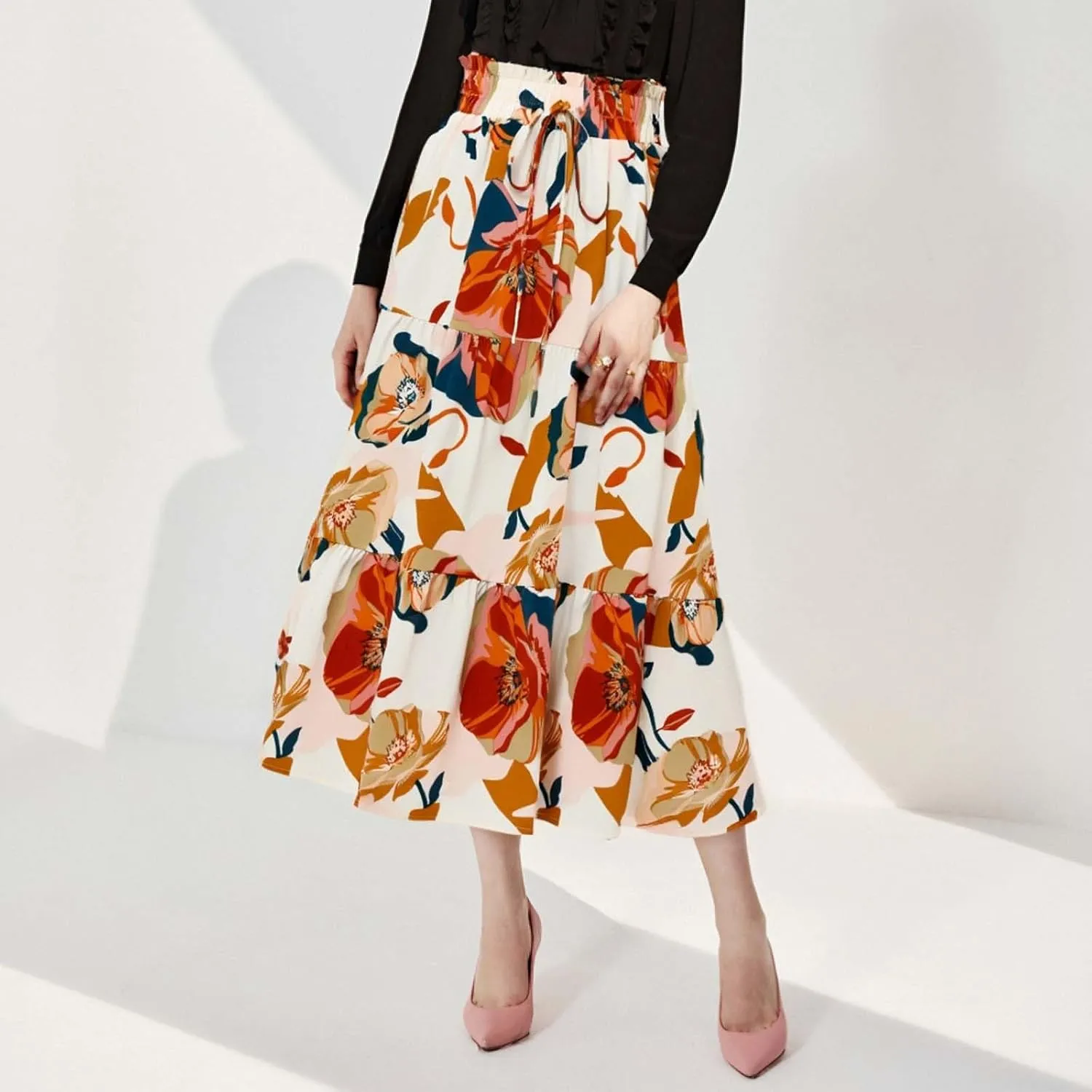Long Skirt for Women Summer Trendy Bohemian Floral Print High Elastic Waist A-Line Loose Casual Boha Skirts for Vacation
