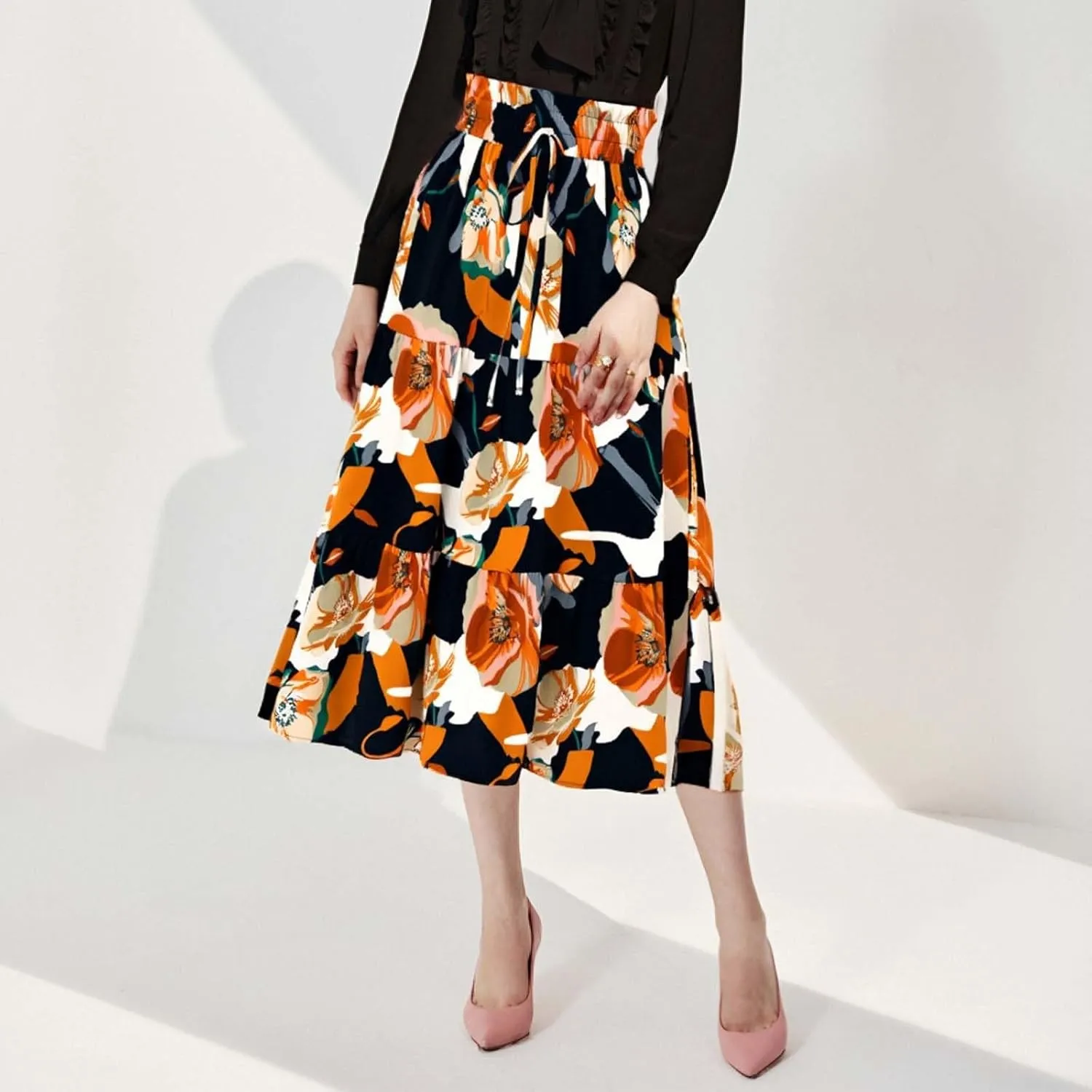 Long Skirt for Women Summer Trendy Bohemian Floral Print High Elastic Waist A-Line Loose Casual Boha Skirts for Vacation