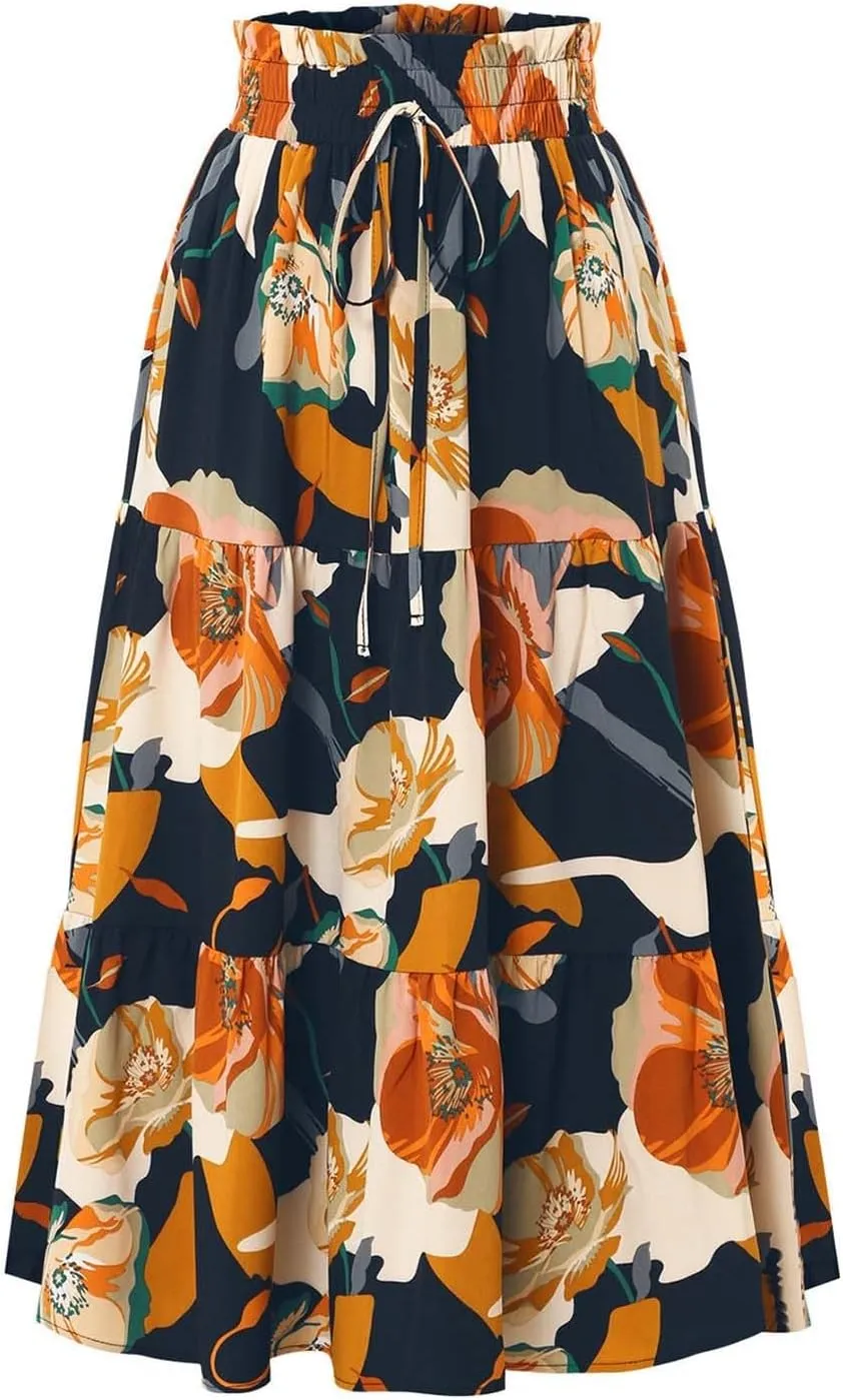 Long Skirt for Women Summer Trendy Bohemian Floral Print High Elastic Waist A-Line Loose Casual Boha Skirts for Vacation