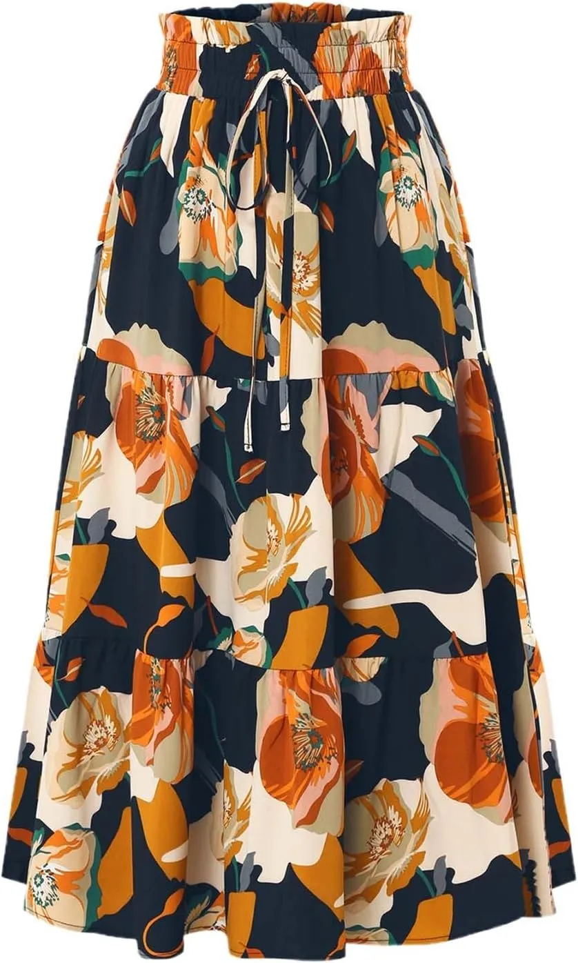 Long Skirt for Women Summer Trendy Bohemian Floral Print High Elastic Waist A-Line Loose Casual Boha Skirts for Vacation