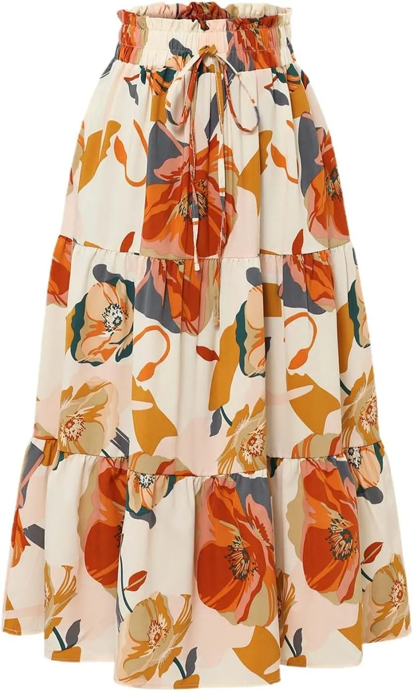 Long Skirt for Women Summer Trendy Bohemian Floral Print High Elastic Waist A-Line Loose Casual Boha Skirts for Vacation