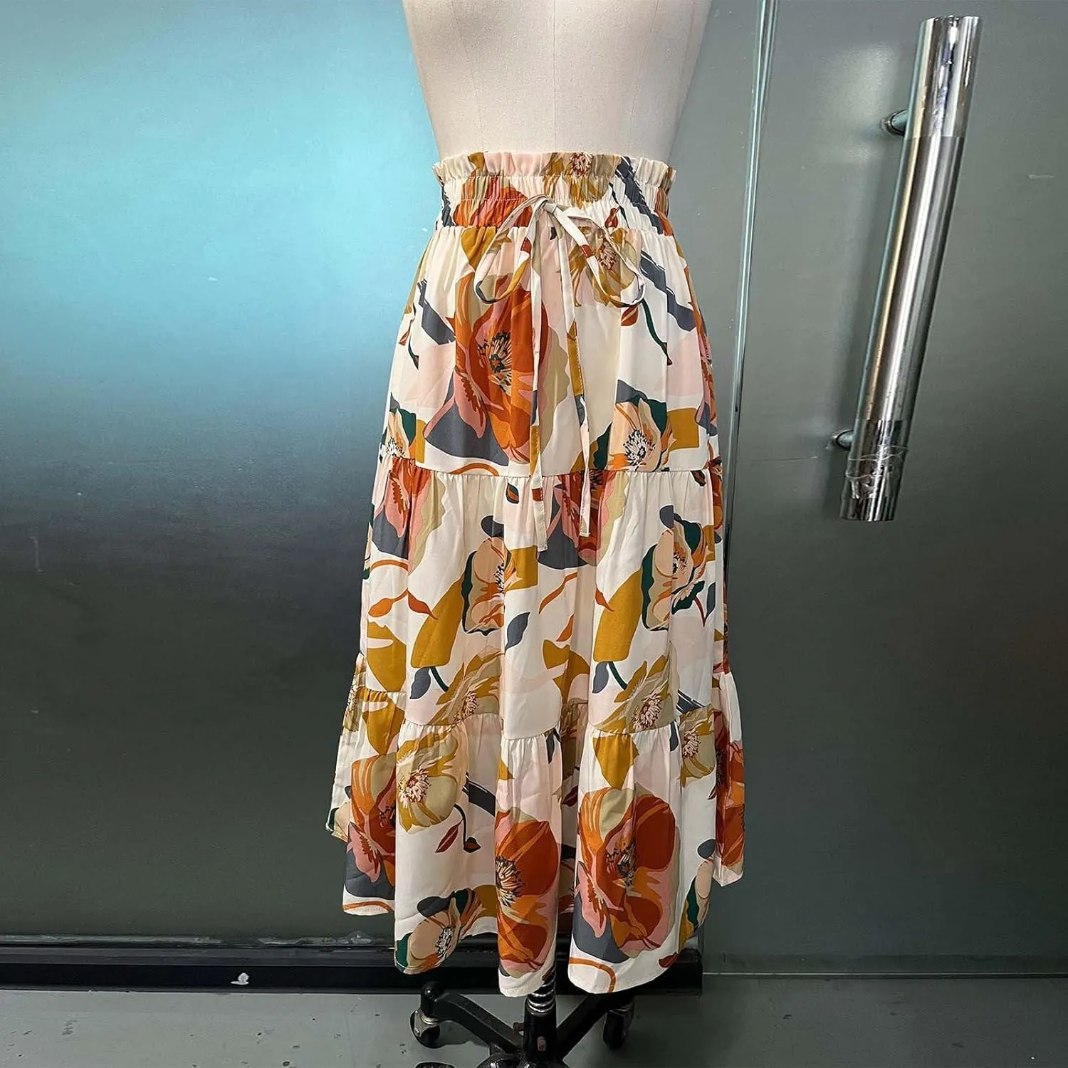 Long Skirt for Women Summer Trendy Bohemian Floral Print High Elastic Waist A-Line Loose Casual Boha Skirts for Vacation