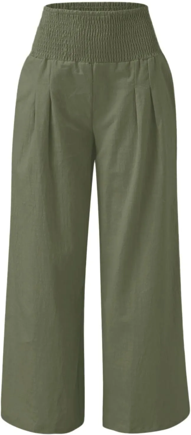 LRMQS Linen Wide Leg Pants Women Summer Casual Drawstring Elastic High Waist Trousers Resort Wear Beach Trendy Palazzo Pant